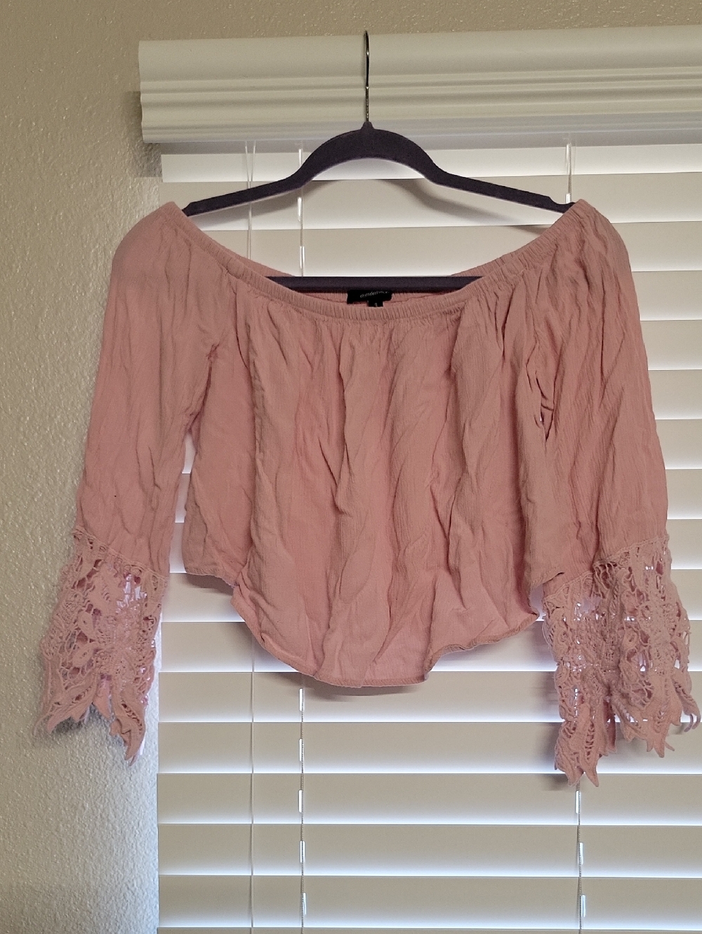 Ambiance Off-Shoulder Lace Bell Sleeve Top - Blush Pink